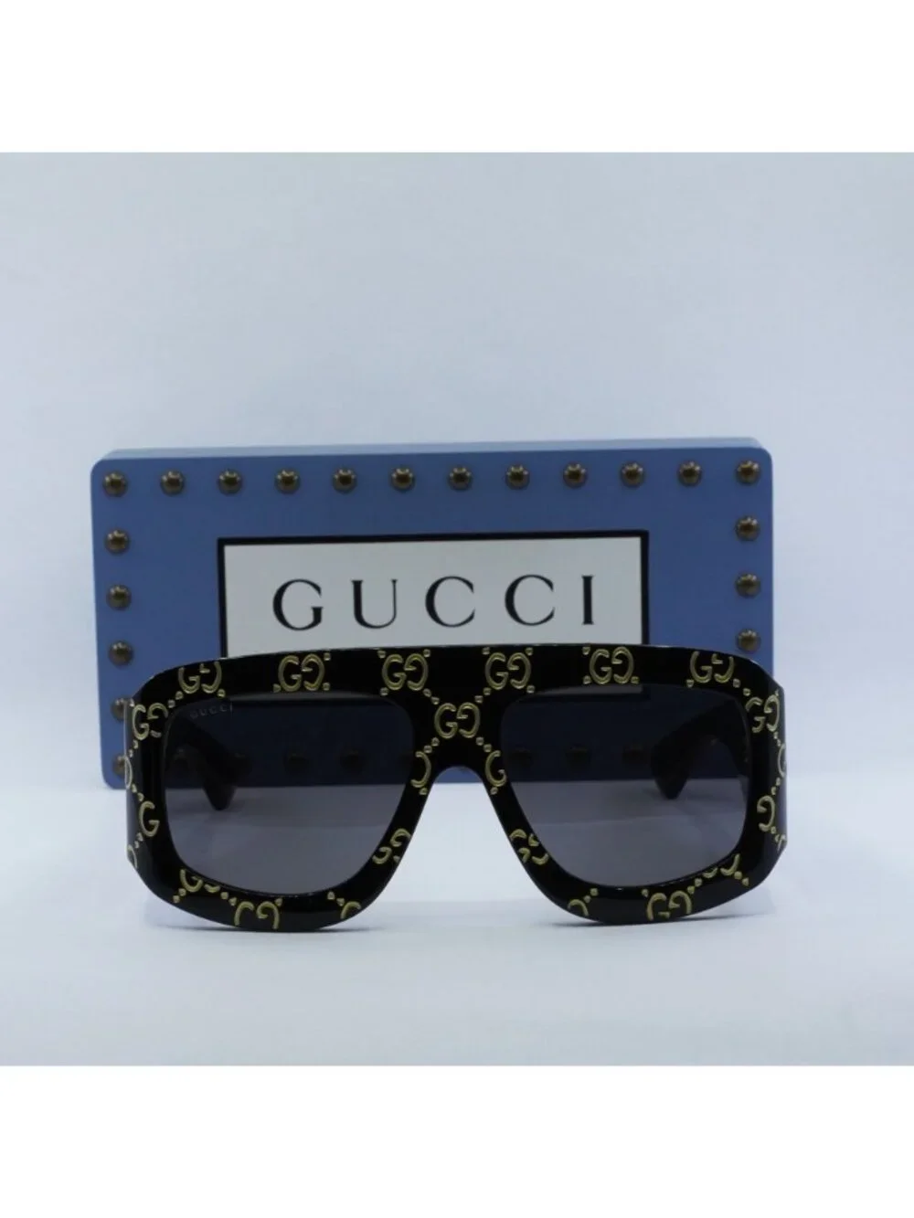 Gucci GG0983S 004 Square Sunglasses - Black With Gold GG Pattern / Grey